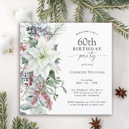 Small Elegant Floral Poinsettia December 60th Birthday Invitation Front View