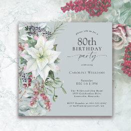 Small Elegant Floral Poinsettia December 80th Birthday Invitation Front View
