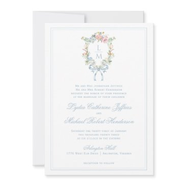 elegant floral wreath crest | monogram wedding invitation