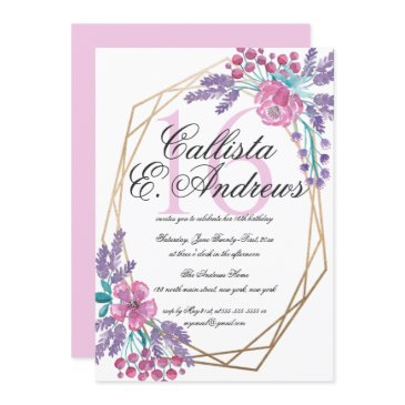 elegant flowers gold terrarium watercolor sweet 16 invitation