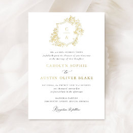 Small Elegant French Roses Floral Monogram Crest Wedding Foil Invitation Front View