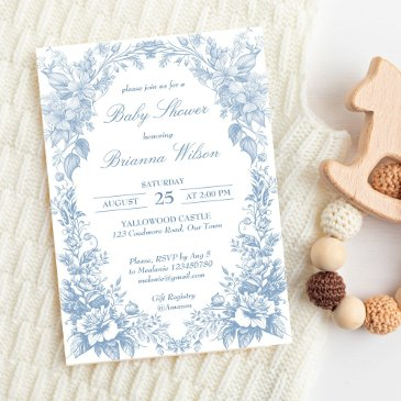 elegant french toile chinoiserie blue baby shower invitation