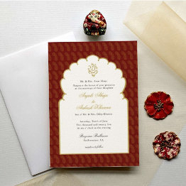 Small Elegant Ganesh Red & Gold Indian Wedding Invitation Front View