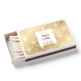 Small Elegant Gatsby Art Deco White & Gold Wedding Matchboxes Front View