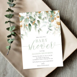 Small Elegant Gender Neutral Greenery Gold Baby Shower Invitation Front View