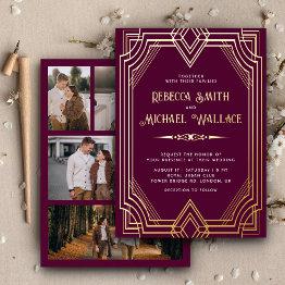 Small Elegant Geometric Art Deco Wedding Plum Gold Foil Invitation Front View