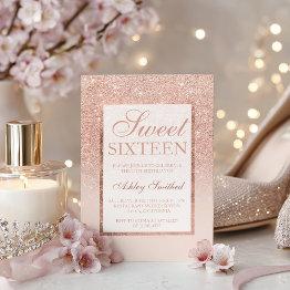 Small Elegant Girly Rose Gold Glitter Chic Sweet 16 Invitation Front View