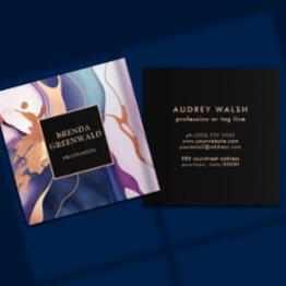 Small Elegant Glam Liquid Marble Blue Purple Gold Square Business Invitations Front View