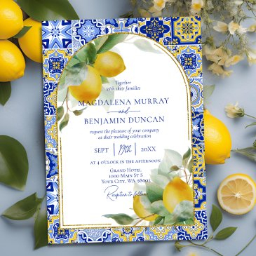 elegant gold arch italian blue tile lemons wedding invitation