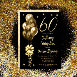 Small Elegant Gold Balloons On Black 60th Birthday Party Invitation Front View