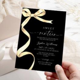 Small Elegant Gold Bow Sweet 16 Birthday Invitation Front View