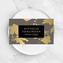 Small Elegant Gold Floral Pattern Gray Designer Business Invitations Front View