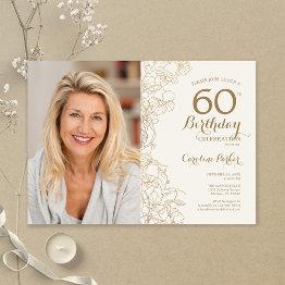 Small Elegant Gold Floral Photo 60th Birthday Invitation Front View