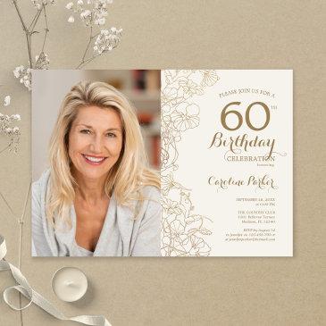 elegant gold floral photo 60th birthday invitation