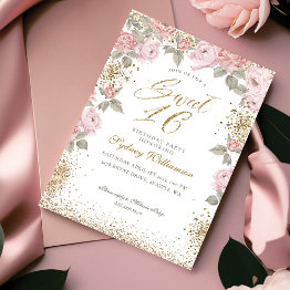 Small Elegant Gold Glitter Peony Florals Sweet 16 Invitation Front View