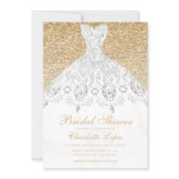 Small Elegant Gold Glitter Wedding Dress Bridal Shower Invitation Front View
