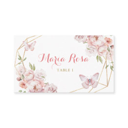 Small Elegant Gold Pink Floral Girl Quinceañera Place Invitations Front View