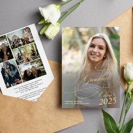 Small Elegant Gold Script 6 Photo Collage Graduation Announcement Front View
