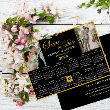 elegant gold script on black 2 photo 2024 calendar save the date