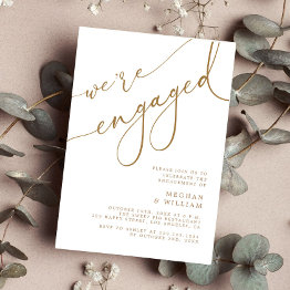 Small Elegant Gold Script We're Engaged Engagement Party Invitation Front View