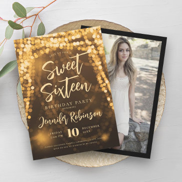 elegant gold string lights photo sweet 16  invitation