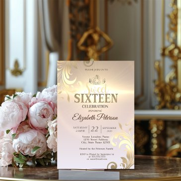 elegant gold tiara sweet diamonds 16 party invitation