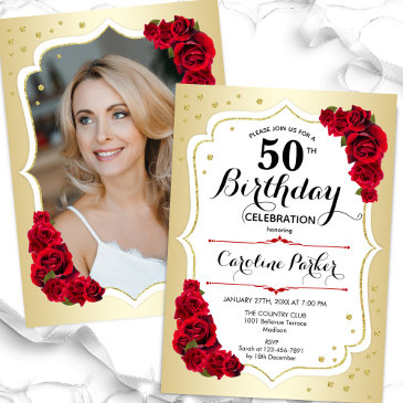 elegant gold white red photo 50th birthday invitation