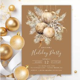Small Elegant Golden Christmas Ornaments Holiday Party Invitation Front View