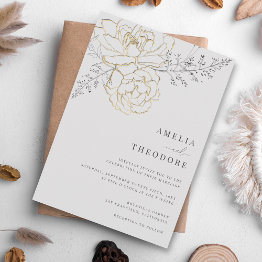 Small Elegant Gray Gold Floral Wedding Invitation Front View
