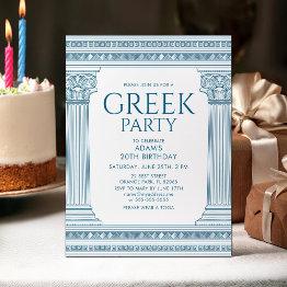 Small Elegant Greek Birthday Party With Blue Columns Postinvitations Front View