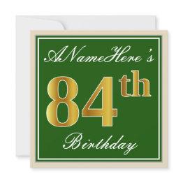 Small Elegant, Green, Faux Gold 84th Birthday + Name Invitation Front View