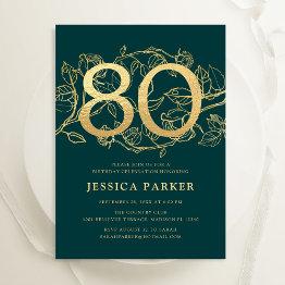 Small Elegant Green Gold 80th Birthday Invitation Front View