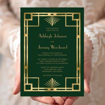 elegant green gold geo vintage 1920s deco wedding invitation