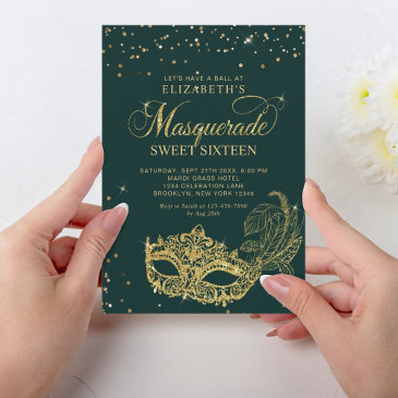 elegant green gold glitter masquerade sweet 16 invitation
