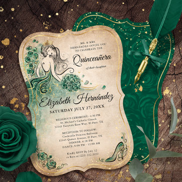 elegant green gold princess quinceanera birthday invitation