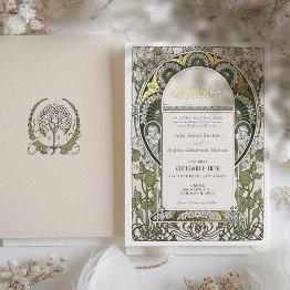 Small Elegant Green & White Islamic Wedding Gold Foil Invitation Front View