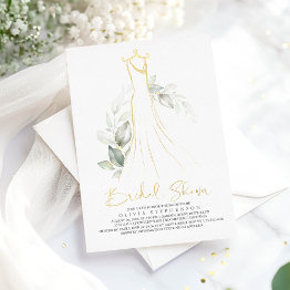 Small Elegant Greenery And Wedding Dress Bridal Shower Foil Invitation Front View