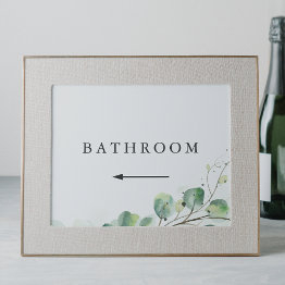 Small Elegant Greenery Wedding Left Arrow Bathroom Sign Invitation Front View