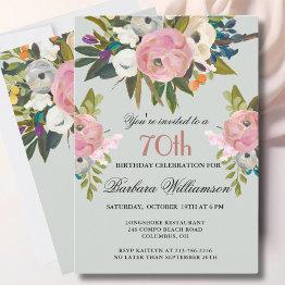 Small Elegant Handpainted Floral 70th Birthday Party Invitation Front View