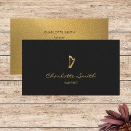 Small Elegant Harp Gold & Black Professional Musician Business Invitations Front View