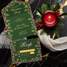 Small Elegant Holly And Berries Frame Christmas Party All In One Invitation Front View