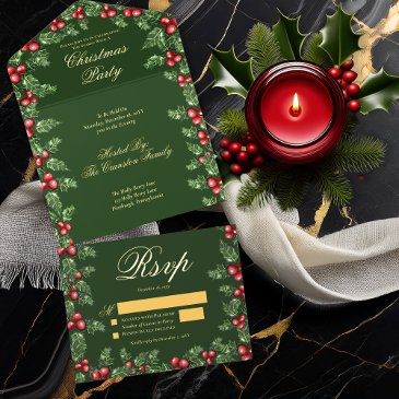elegant holly and berries frame christmas party all in one invitation