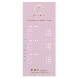 Small Elegant Holographic Monogram Pink Price List Menu Front View