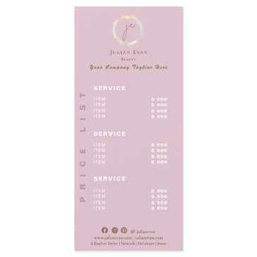 elegant holographic monogram pink price list menu