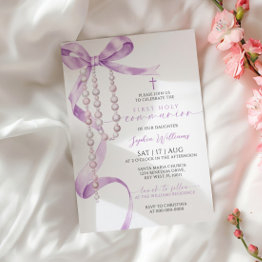 Small Elegant Lavender Bow & Rosary First Holy Communion Invitation Front View