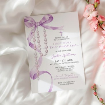 elegant lavender bow & rosary first holy communion invitation