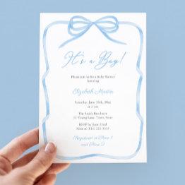 Small Elegant Light Blue Bow Its A Boy Baby Shower Party Invitation Front View