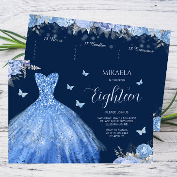 elegant light blue gown floral 18th birthday invitation