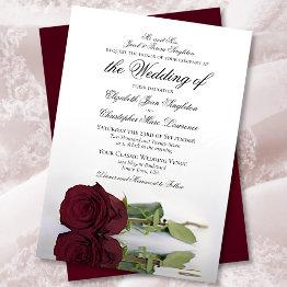 Small Elegant Long-stemmed Burgundy Rose Formal Wedding Invitation Front View
