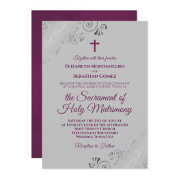 Small Elegant Magenta On Gray Modern Catholic Wedding Invitation Front View